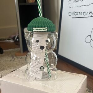Starbucks Clear Bear Tumbler with Green Beanie Lid and Green-White Straw